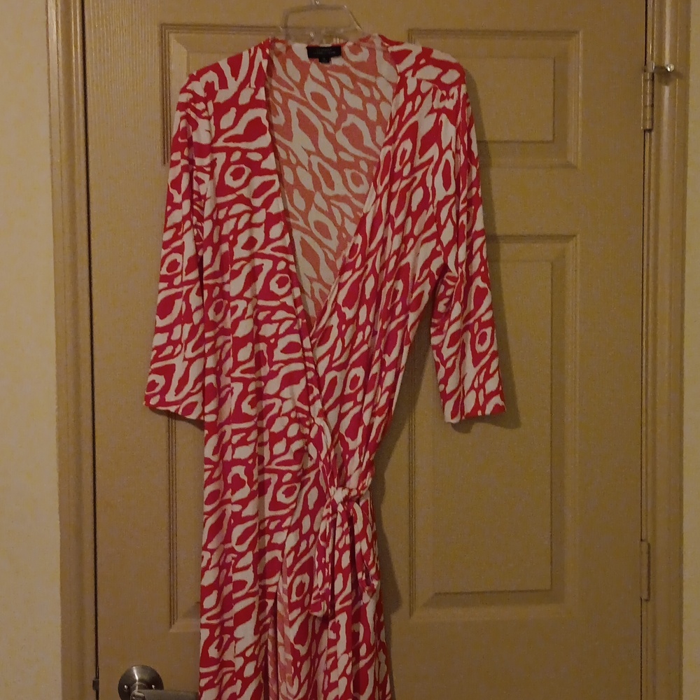 Tahari Red and White Wrap Patterned Dress